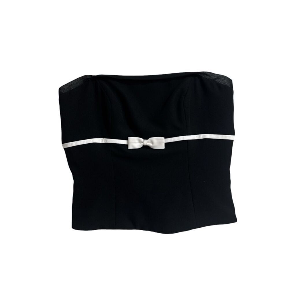 Y2K Strapless Black Bustier Top with White Bow Trim EUC